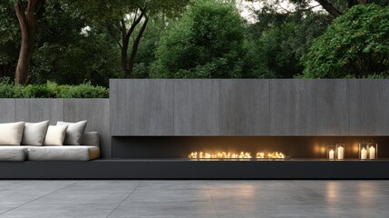 Obraz premium Modern garden setting features outdoor fireplace, black stone wall, and grey sofa with candles, captured at night with open space for text