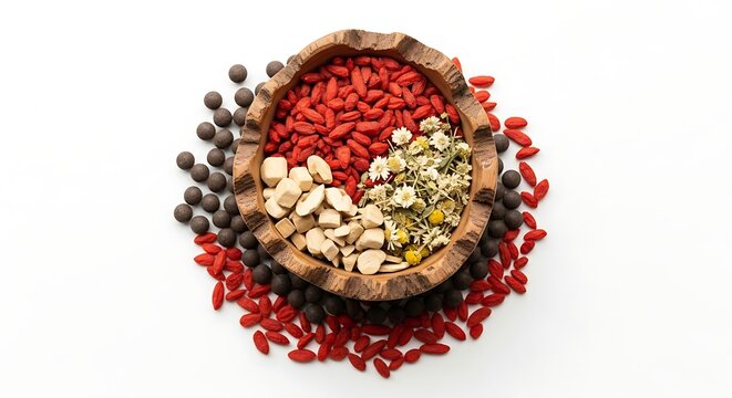 Assorted healthy dried berries and seeds in wooden bowl with superfood, wellness