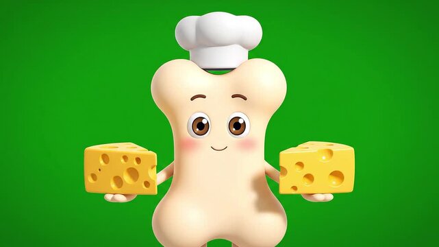 Cute cartoon bone character chef holding two blocks of Swiss cheese against a vibrant green background, representing healthy bones and dairy.