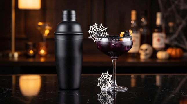 A spooky Halloween-themed cocktail in a coupe glass garnished with candy and spider web decorations next to a black cocktail shaker on a dark bar counter.