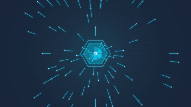 Abstract digital data core with glowing blue hex connection lines moving in cinematic motion video.