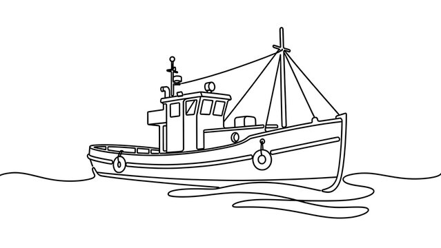 Fishing boat line drawing on white background.