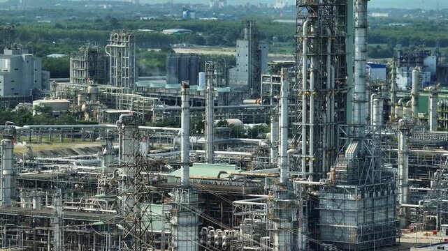 Wide aerial perspective of a coastal chemical complex showcasing advanced refining technology, heavy industrial infrastructure, ESG challenges, and pathways toward sustainable energy transition.
