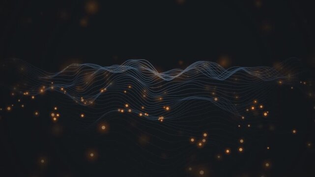 Abstract digital wave motion with glowing particles on dark background dynamic futuristic visualization.