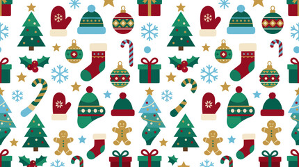 Fototapeta premium Festive Christmas Pattern with Trees, Hats, Mittens, Socks, and Gifts - Flat Icon Style