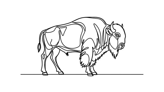 Line art bison illustration on white background.