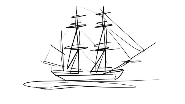 Hand drawn sailing ship sketch white background.