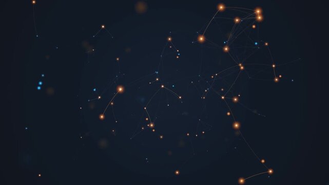 Abstract network of glowing connections and nodes in dark space, dynamic motion.