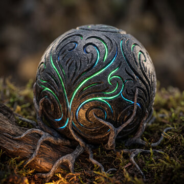 Close-up of a carved obsidian sphere representing a biomorphic qubit core.
