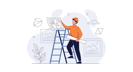 Fototapeta premium Architect or Engineer on Ladder Examining Blueprint with Growth Charts and Abstract Elements