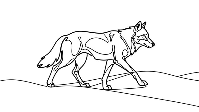 Line art drawing of a walking wolf on white background.