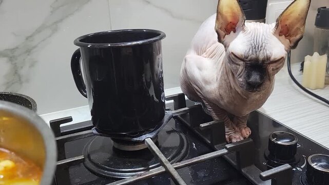 Hot meatball soup cooking in a pot on a stove as a hairless Sphynx cat rests in background kitchen.  cozy domestic life, playful pet scene
