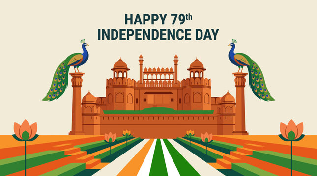 Happy 79th India Independence Day Illustration featuring Red Fort, Peacocks, and Lotus Flowers in Flag Colors