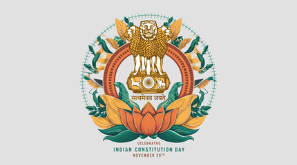 Obraz premium Indian Constitution Day Illustration for November 26th Featuring State Emblem of India and Lotus Flowers