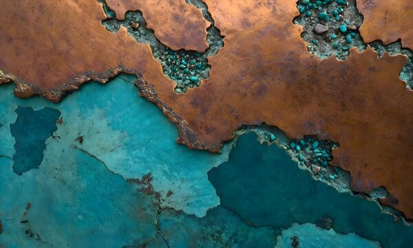Oxidized abstract metal texture background with copper and turquoise patina rust