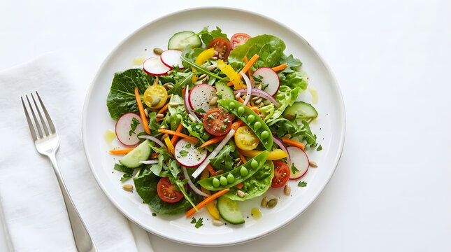 Fresh vegetable salad with tomatoes cucumbers radishes carrots and greens served on white plate transparent background