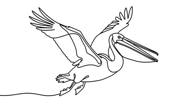 Pelican flying with fish in beak white background.