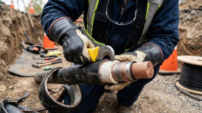 A worker wearing gloves and a high visibility vest cuts copper pipe at construction site.