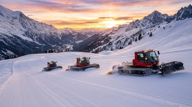 Three red snow grooming machines move across a snowy mountain slope at sunset.