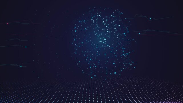 Digital brain artificial intelligence concept motion graphic with glowing particles and data lines.