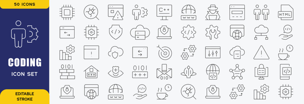 Set of 50 Programming and Coding line icons set. Coding outline icons with editable stroke collection. Includes Coding, Programmer, Website, Cloud Computing, Bug, and More
