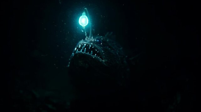 Deep sea anglerfish with glowing bioluminescent lure in dark water a close
