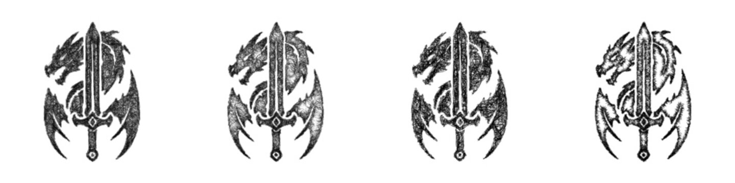 Sketch monochrome dragon slayer icon design set