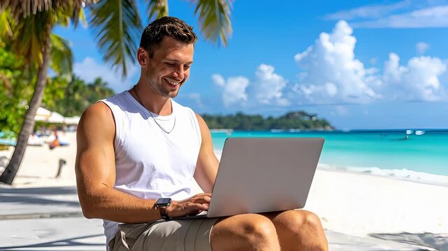 A young digital nomad works happily on his laptop on a white sandy tropical beach with clear blue water and palm trees. Remote work, freedom, and lifestyle concept.