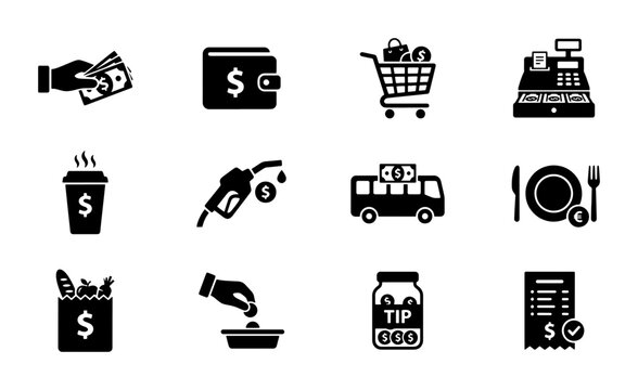 Money and Finance Icons: Cash, Wallet, Shopping Cart, Gas Pump, Taxi, Restaurant, Receipt, and Tip Jar Vector Set for Commerce and Economy