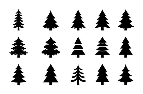 Diverse Pine Tree Silhouettes, Evergreen Forest Icons, Winter Woodland Vector Set, Nature Graphics for Seasonal Design