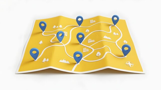 Paper map with many blue location pin markers showing various routes and paths for travel navigation and logistics planning concept illustration