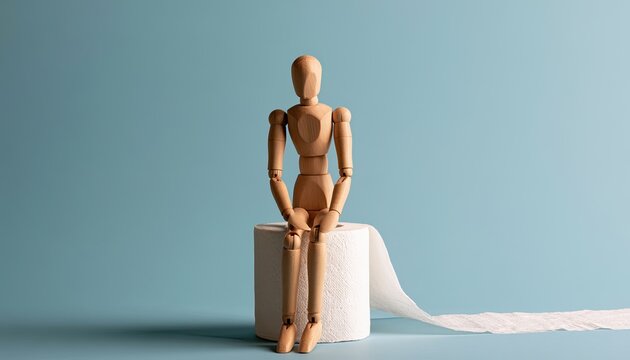 A wooden mannequin sits on a roll of toilet paper against a plain blue background