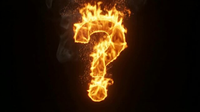 Burning question mark symbol made of intense fire and smoke isolated on black background, for conceptual motion and