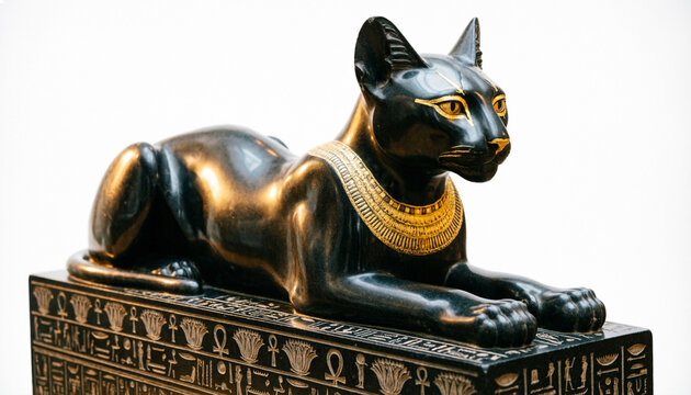 ancient Egyptian cat goddess lying on a ornat pedestal on white 