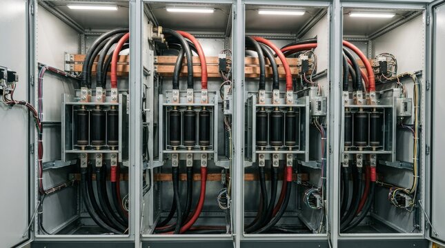 A row of electrical panels with thick red and black cables.