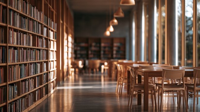 Sunlit library interior with rows of books and wooden tables