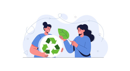 Fototapeta premium Diverse people united for environmental protection, holding recycling symbol and green leaf illustration.