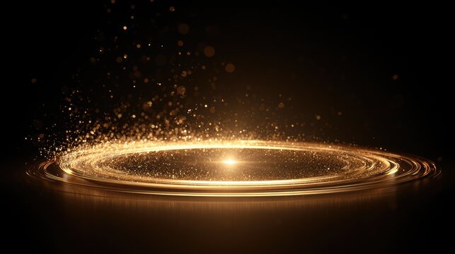 Glowing golden light particles swirl on a circular stage