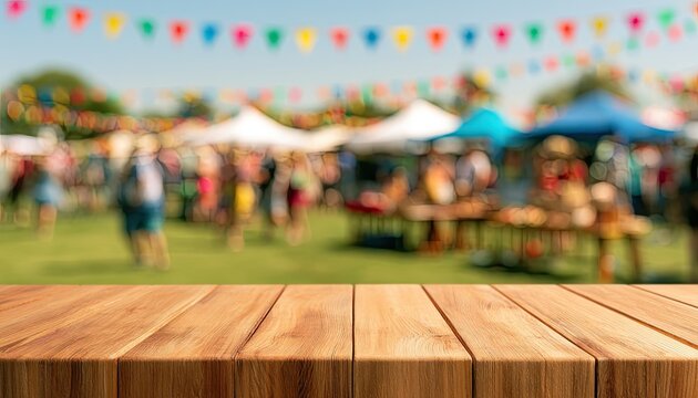 Rustic wooden table with blurred outdoor market and colorful flags