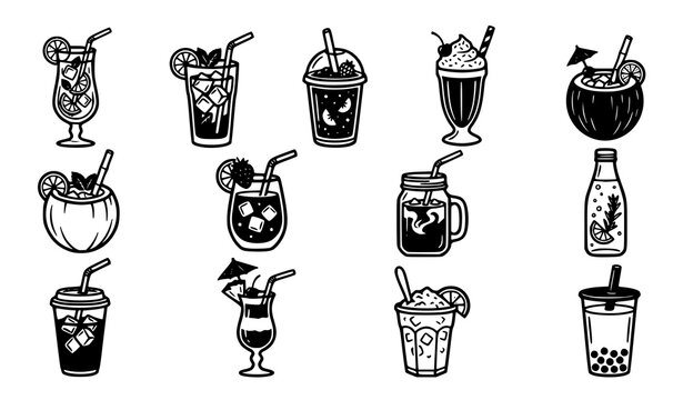 Iced summer drinks icon set with cocktail lemonade iced coffee milkshake coconut soda bottle and bubble tea black illustration