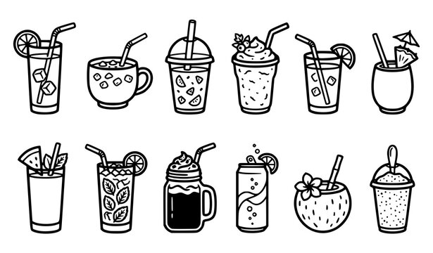 Iced summer drinks icon set with lemonade iced coffee smoothie milkshake coconut cocktail and soda can hand drawn line illustration