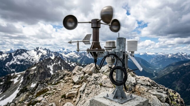 A wind speed instrument stands on a rocky mountain summit under a cloudy sky.