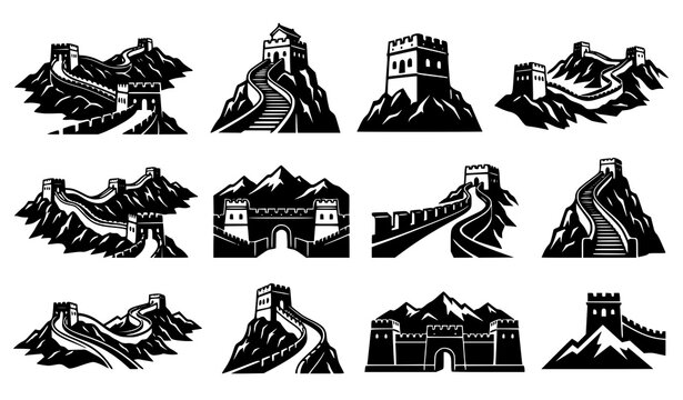 Great Wall of China silhouette collection with watchtower mountain fortress gate and stairway black vector illustration set on white