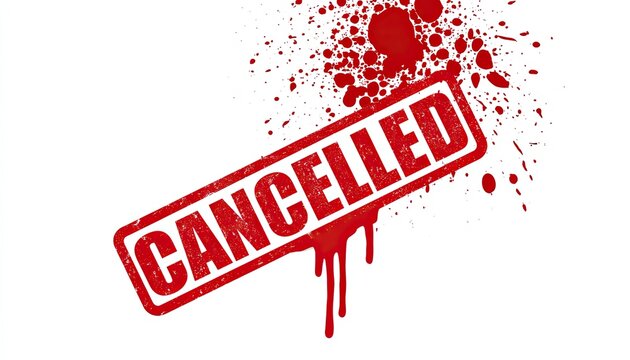 Bold red "CANCELLED" stamp with blood-like splatters