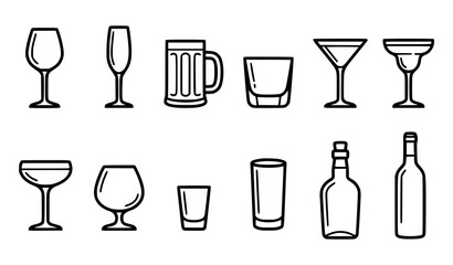Drinkware icon collection with wine glass champagne flute beer mug whiskey martini cocktail brandy bottle and shot glass outline © Abddulah
