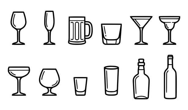 Drinkware icon collection with wine glass champagne flute beer mug whiskey martini cocktail brandy bottle and shot glass outline