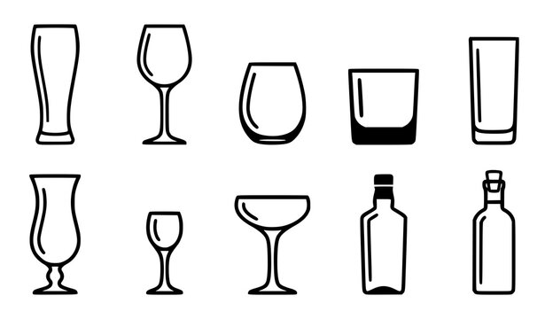 Drinkware icon set with beer pint wine glass martini whiskey highball cocktail bottle and rum bottle line illustration outline