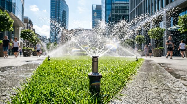 A city park sprinkler sprays water jets as people walk nearby.