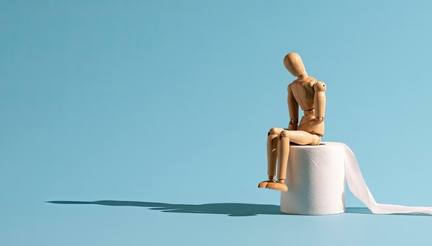 A wooden figure sits on a toilet roll against a blue background