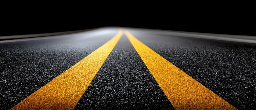 Black asphalt road with yellow lines for driving, showing a textured surface in a perspective view ready for transport activities